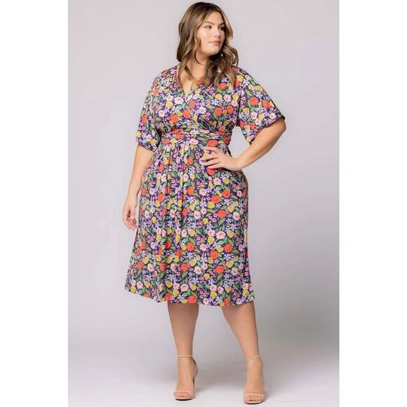 Kiyonna Gia Floral Midi Dress 2X Pockets Empire Waist Colorful Packable Party - Picture 8 of 11